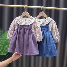 Autumn And Winter New Kids Clothes Baby Girl Cute Floral Doll Shirt Top Plus Velvet Strap Dress 2-Piece Suit Children Clothing Y220819