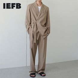 IEFB Korean Trend Men s Cotton Suit Coat Loose Casual Bandage Belt Blazers Autumn Blazer Khaki Clothing 220819