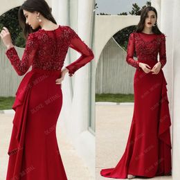 O Neck Mermaid Lace Evening Dress Long Party For Women Sexy Full Sleeve Red Prom Gown Floor Length