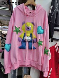 2022 Autumn New Cute Cartoon Bear Printed Sweatshirt Women Idle Style Embroidered Mid-length Loose Oversized Hoodies Coat