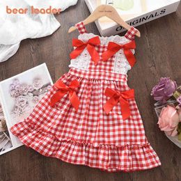 Bear Leader Lace Girls Summer Lolita Dress Fashion Red Plaid Bow Baby Kids Birthday Dresses Children Princess Clothes Outfits Y220819