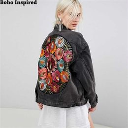 Boho Inspired multi floral Embroidered Denim Jacket long sleeve casual chic jacket coat women winter 220819