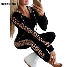 XUANSHOW Autumn Winter Fashion Tracksuit Women Splice Fleece Leopard Print Coat with Hood Two Pieces Set Hoodies Long Pants Suit 220819