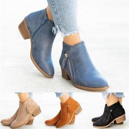 camel booties Canada - Boots SHUJIN Women Autumn Winter Flock Ankle Slip-on Round Toe 3 5cm Square Heel Solid Casual Black Camel Booties Size 35-43175d