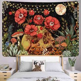 Skull Flower Carpet Skeleton Tapestry Moon Garden Mushroom Plant Psychedelic Retro Wall Hanging J220804