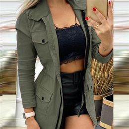 Ninimour Autumn Women Pocket Zipper Design Drawstring Cargo Coat Femme Casual Jacket Office Lady Outfits Clothing traf 220819