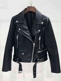 FMFSSOM Spring 2022 Women Belt Pu Leather Jacket Zipper Sashes Basic Coat Female Black Casual Fashion Windproof Outwear T220810