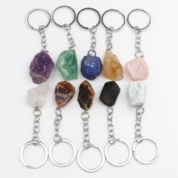 Natural Raw Ore Irregular Stone Key Rings Gem Quartz Fluorite Amethyst Pendants Keychain Charms DIY Jewelry Making Keyholder Accessorie