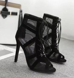 Sandals Fashion Black Summer Lace Up Cross-tied Peep Toe High Heel Ankle Strap Net Surface Hollow Out Size 36-42Sandals