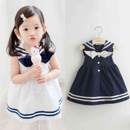 2021 Summer 2-10T Years Children Sweet Sleeveless Vest Bow Sailor Collar Navy Blue White Patchwork Little Kids Navy Girls Dress Y220819