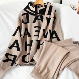 Women's High Quality Knited Letter Sweater PantsCape Long Scarf 3Pcs Suits Knit Pullovers Cappa Wraps Wide Leg Trousers Sets 220819