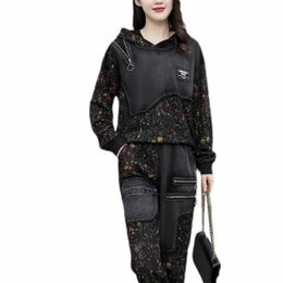 2autumn Korean Women Embroidery Jackets and Pants Ladies Punk Denim Suits Black Hooded Printed Two Piece Sets Plus Size 220819