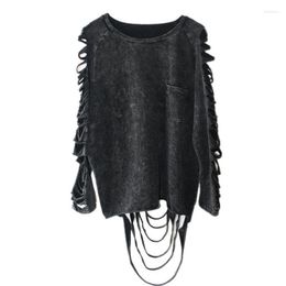 Women's T-Shirt High Street Style Women Washing-black T Shirts 2022 Summer Hollow Out And Hole Tassel O-neck Long Sleeve Tops Tees