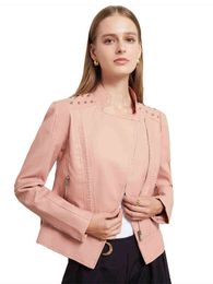 FMFSSOM Spring Women Pink Rivet Faux Leather Jacket Long Sleeve Casual PU Coat Female Autumn Moto Biker Windproof Outwear T220810