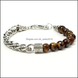 Beaded Strands Natural Stone Beaded Bracelets For Men Yoga Stainless Steel Link Chain Bracelet Male Jewellery Tiger Eye Dr Dhseller2010 Dheqn