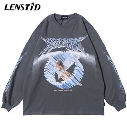 LENSTID Men Hip Hop Streetwear Angel Print T Shirt Harajuku Oversize TShirts Long Sleeve Fashion Large T-Shirt Cotton Tops Tees 220819