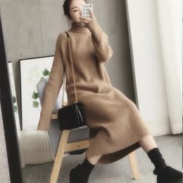 Turtleneck knitted sweater dress ladies fall winter elastic cashmere bottoming shirt midlength over the knee thick sweater dress 210304