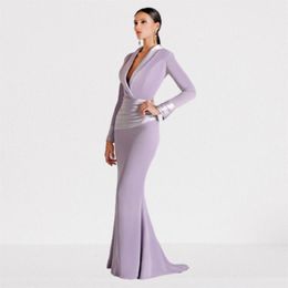 Party Dresses Prom 2022 Luxury V-Neck Long Evening Dress Light Purple Elastic Satin Sheath Shoulder Floor Length Gowns With RufflParty