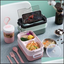 Dinnerware Sets Lunch Box 304 Stainless Steel Bento School Kids Office Worker Double-Layer Lunchbox Microwae Heating Storage C Mxhome Dhjb0