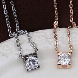 Titanium Steel Plated Rose Gold Pendant Necklace Four Prongs Square 1Carat Solitaire Diamond High Quality Jewellery