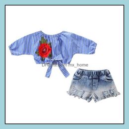 Clothing Sets Europe Baby Girls 2Pcs Set Kids Flower Embroidery Bowknot Stripe Crop Tops Blouse And Jeans Shorts Children Girl Mxhome Dh3Li