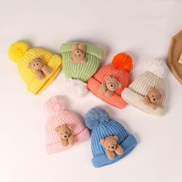 Cartoon Bear Baby Boy Girl Hat Cute Pompom Knitted Autumn Winter Cap Solid Colour Thick Warm Beanie