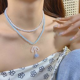Fashion Double Layers Handmade Crystal Beads Bowknot Flower Pendant Necklace Women Party Jewelry