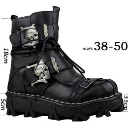 Men's Genuine Leather Skull Gothic Punk Motorcycle Desert Combat Ankle Boot safety shoes Military Boots Winter 201026