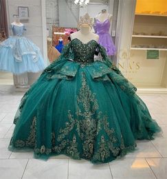 Vintage Long Sleeve Green Quinceanera Dresses Ball Birthday Party Dress Lace Up Plus Size Graduation Prom Gown De 15