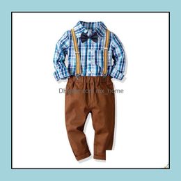 Clothing Sets Spring Baby Boys Gentleman Clothes Set Kids Bowtie Long Sleeve Plaid Shirt And Suspender Boy Children 2Pcs Outfi Mxhome Dhqvd