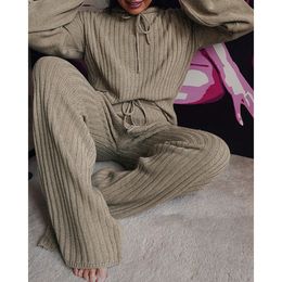 Women's Two Piece Pants Autumn Winter Knitted Two Piece Sweatershirt Set Women Wide Leg Pants Suit Loose Solid Grey Casual 2 Piece Set Tracksuit 220819 220826