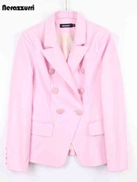 Nerazzurri Spring Autumn White Pink Soft Pu Leather Blazer Women Double Breasted Stylish Elegant Luxury Designer Clothes 2022 T220810