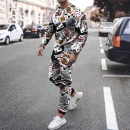 Men's Colourful Tracksuit 3D Printed Casual Outfits Set 2 Piece Long Sleeve TShirtTrousers Suit Oversized Male Outdoor Clothing 220819
