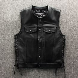 Motorcycle Leather vests Mens Genuine Leather Vest Waistcoats Slim Fit Jackets Sleeveless Punk Style Streetwear Black Tops Plus Size