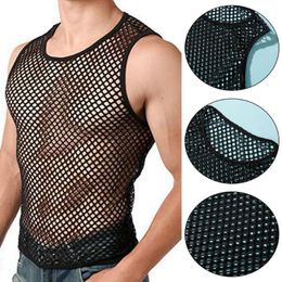 Men's Tank Tops Men Summer Sexy Sheer Mesh Tank-Tops T-shirt Vest See-through Fishnet Round Neck Sleeveless StreetwearMen's