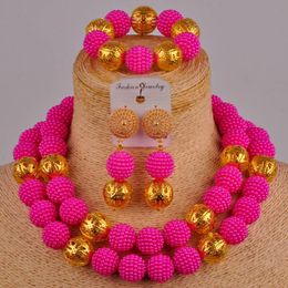 Earrings & Necklace Imitation Pearl Bracelets Women Girls Nigerian Bride Jewelry Set Fuchsia Pink African XX-61Earrings