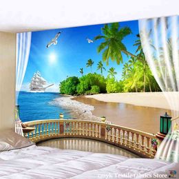 Seaview Room Tapestry Sea Coconut Palm Wall Hanging Beach Rugs 3D Printed Large Boho Hippie Home Decor J220804