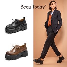 BeauToday Platform Shoes Women Genuine Cow Leather Round Cross Tied Closure Chunky Sole Ladies Casual Handmade 21894 220819
