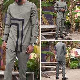 Dashiki African Men Clothes Set Top Pant 2 Pieces Outfit Set Grey Fashion Thermoprint African Suits For Men Shirt With Trouser 220819