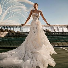 Stylish Beaded Wedding Dresses Square Neckline Bridal Gowns Sequined Sweep Train Tulle 3D Appliqued Vestido De Novia