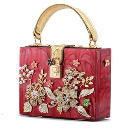 High Quality Flowers Diamond Women Evening Bag Vintage Acrylic Ladies Handbag Box Clutches Wedding Party Shoulder Bags 220819