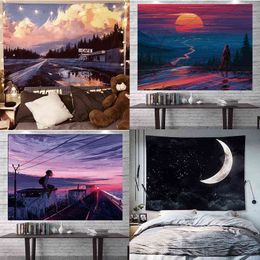 Boho Decoration Home Wall Hanging Sunset Landscape Background Cloth Aesthetic Room Tapestry Hippie Mural J220804