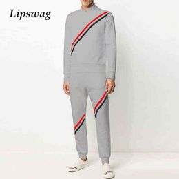 Men Casual Outfits 2021 Autumn Fashion Striped Patchwork Two Piece Sets For Mens Spring Long Sleeve O-Neck Tops And Pants Suits T220819