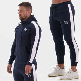 Men's sports trend suit Cotton stitched embroidery zipper Hoodie Jogger outdoor running fitness two-piece set Fashion sportswear T220819