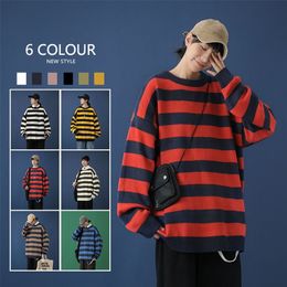 Contrast Stripe Knitted Sweater Autumn Winter 6 Colour Men And Women's Pullover Black Red Striped Oversized Sweater 220819