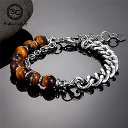 Charm Bracelets Men's Natural Stone Tiger Eye Strand Women Beads Stainless Steel Chain Bangles Handmade Male Yoga Jewellery GiftsCharm