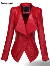 Nerazzurri Spring Short Red Black Leather Jacket 2021 Long Sleeve Single Button Slim Fit Womens Leather Jackets and Coats 7xl T220810