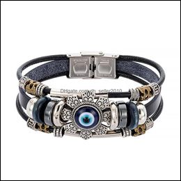 Link Chain Turkish Evil Eye Bracelet Stainless Steel Bend Mtilayer Leather Punk Style Flower Jewelry Bangle For Men Dro Dhseller2010 Dhdf4