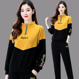 Autumn Winter Casual Running Sports Suit Women's Slim Fashion Splicing Stand Collar Sweater Top And Pants Two Piece Set 220819