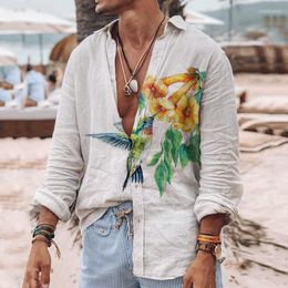 Men's Casual Shirts Feitong Shirt Cotton Linen White For Men Loose Animal Floral Cardigan Long Sleeve Social Chemise